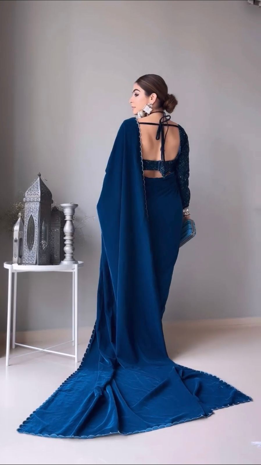 Blue net& Velvet saree | Fancy sarees party wear, Stylish sarees, Velvet  saree