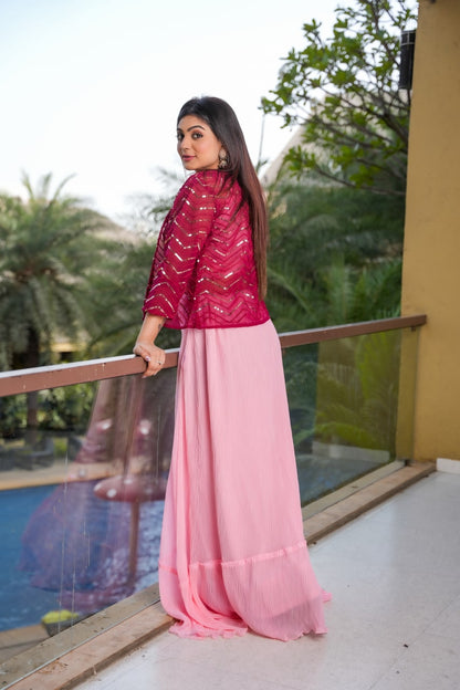 Beautiful Light Pink Crashed Lehenga With Pink Shrug