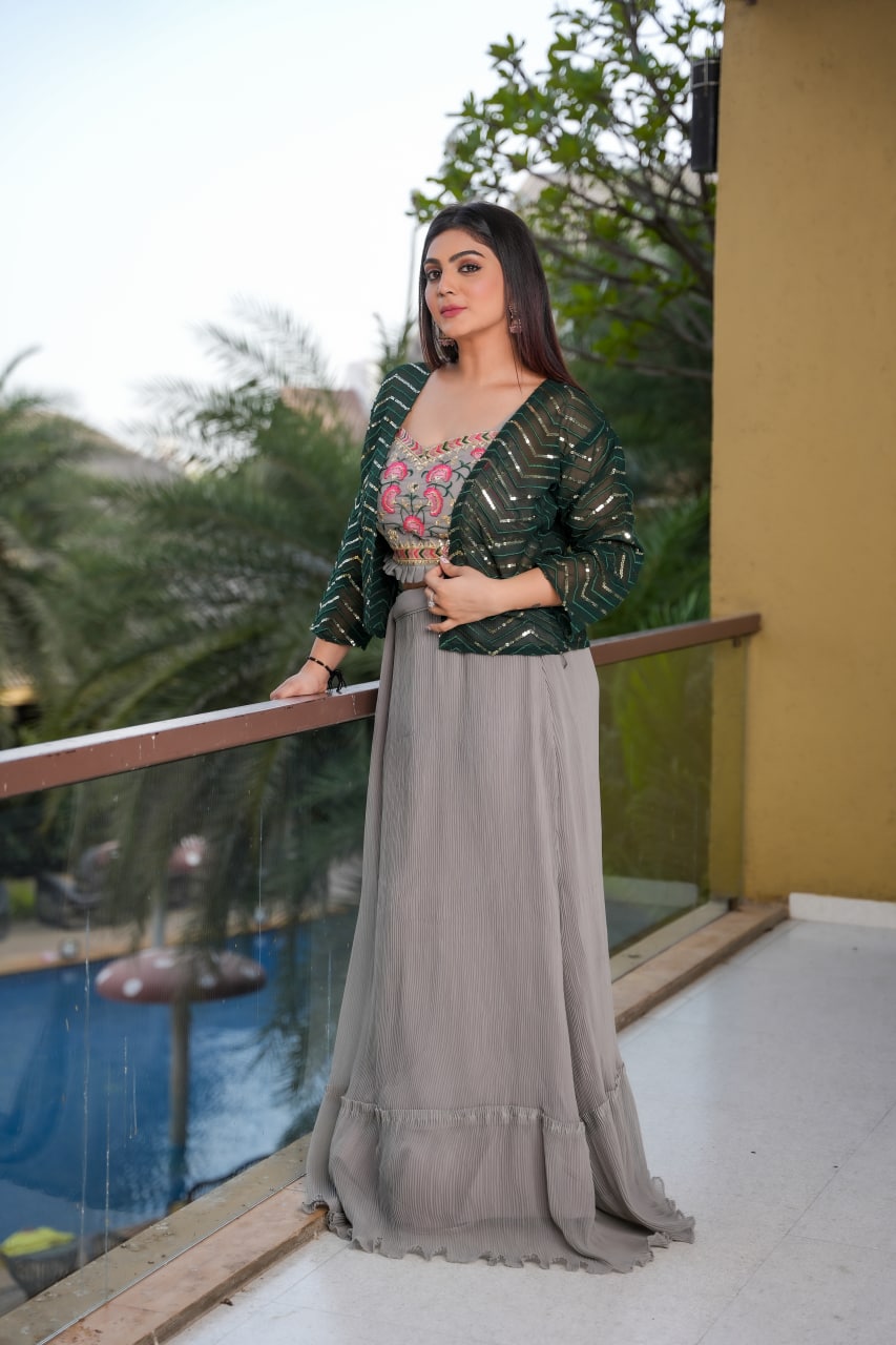 Beautiful Grey Crashed Lehenga With Green Shrug