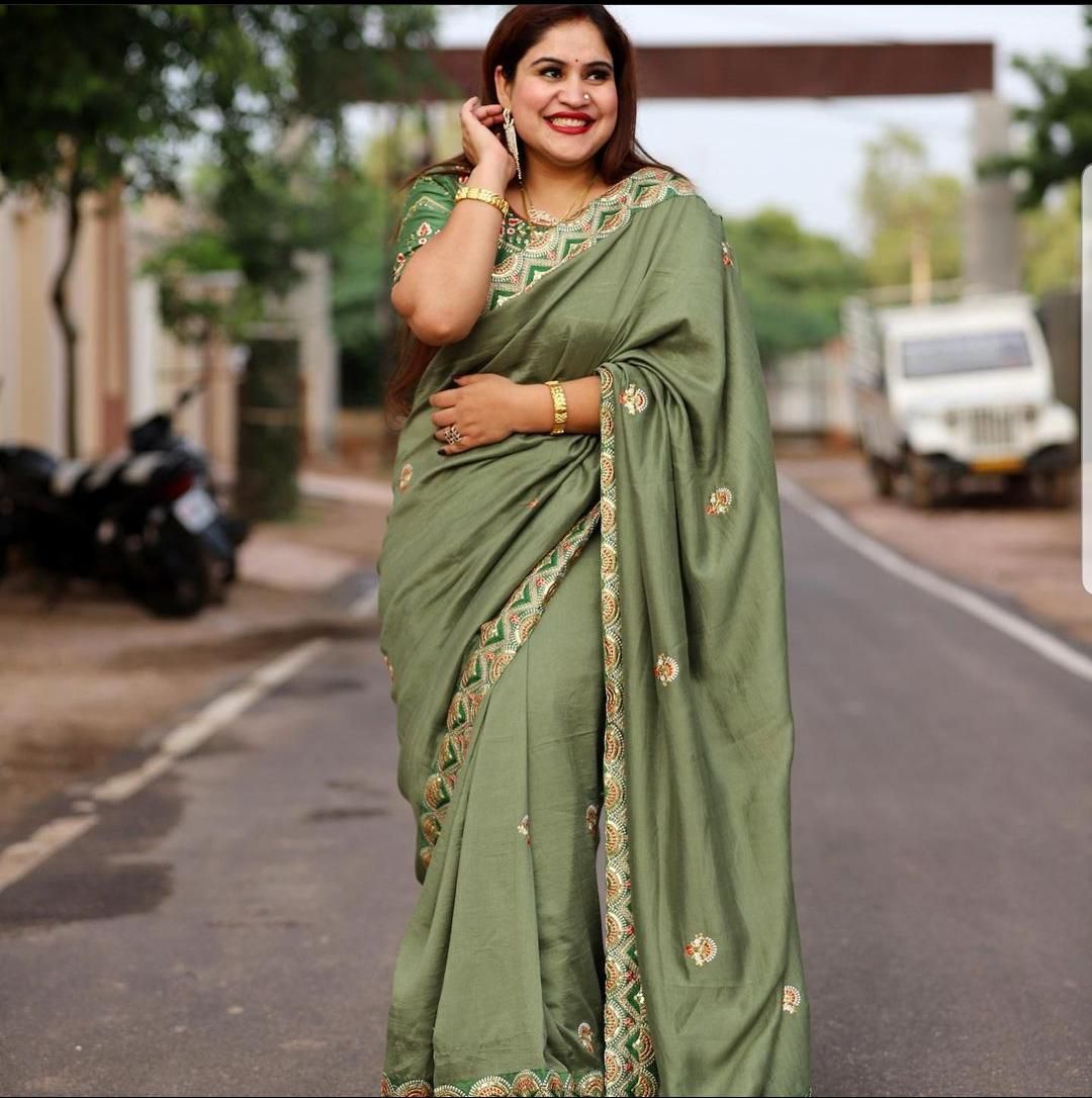 Good Looking Pista Color Multi Thread Work Saree