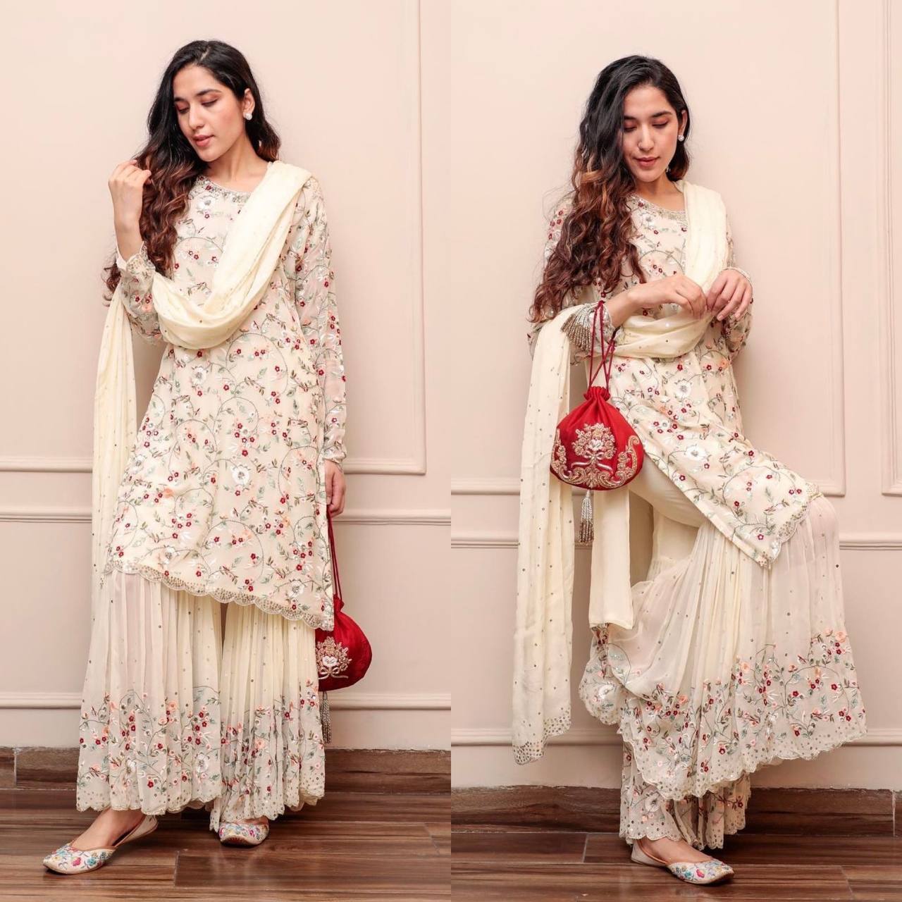 White Color Sequence Thread Zari Work Sharara Suit