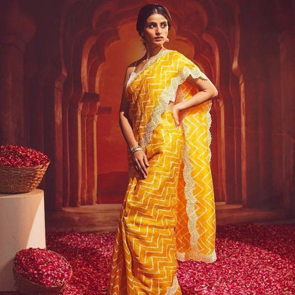 Stylish Yellow Color Thread Work With Zig-zag Print Saree