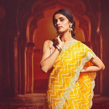 Stylish Yellow Color Thread Work With Zig-zag Print Saree