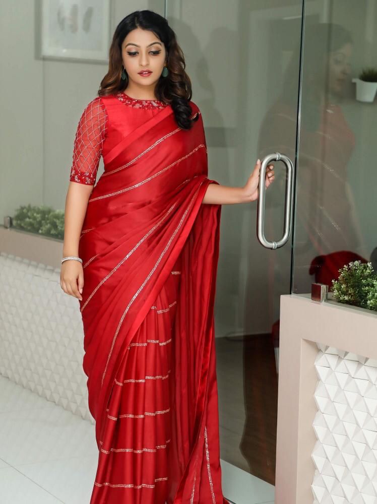 Designer Red Color Embroidery Sequence Work Saree