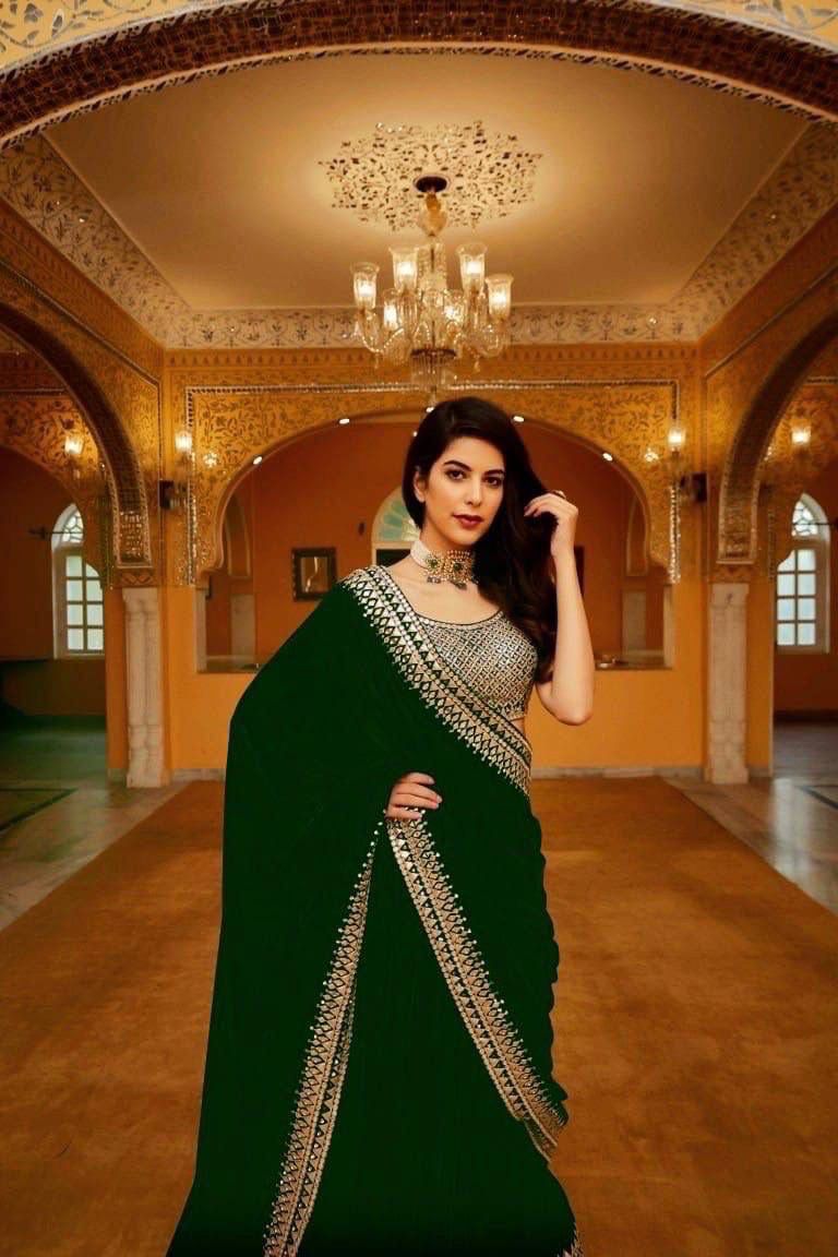 Green Color Velvet Embroidery Work Border Saree