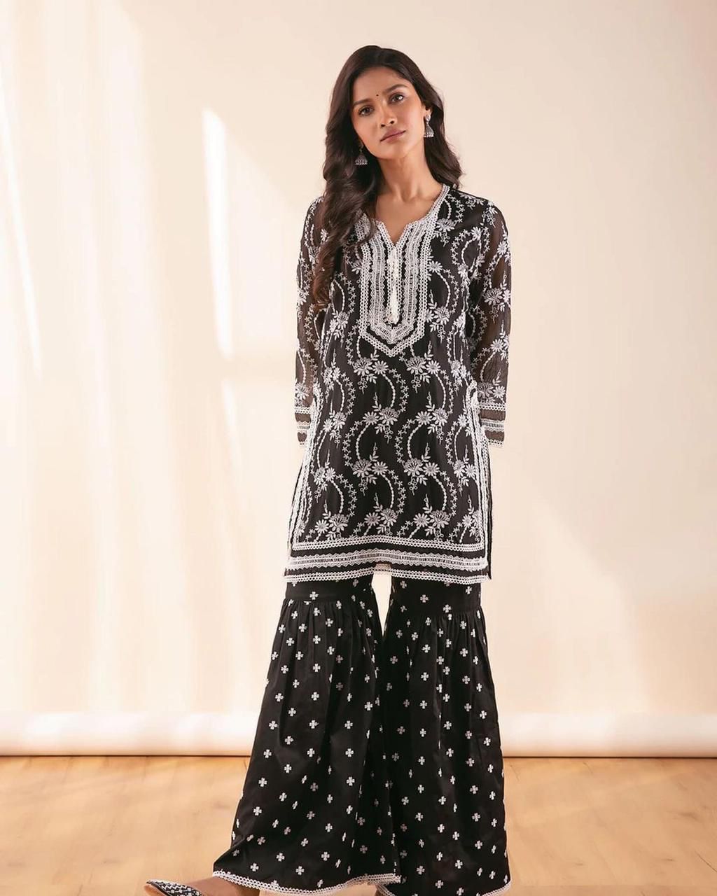 Amazing Black Color Thread Work Sharara Suit