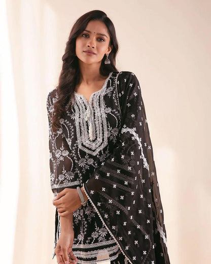 Amazing Black Color Thread Work Sharara Suit