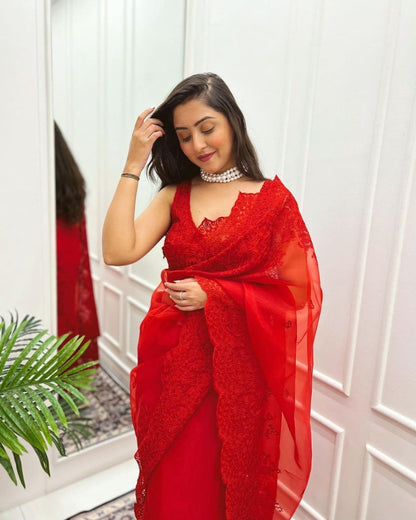 Party Wear Red Color Chain-stitch Work Saree