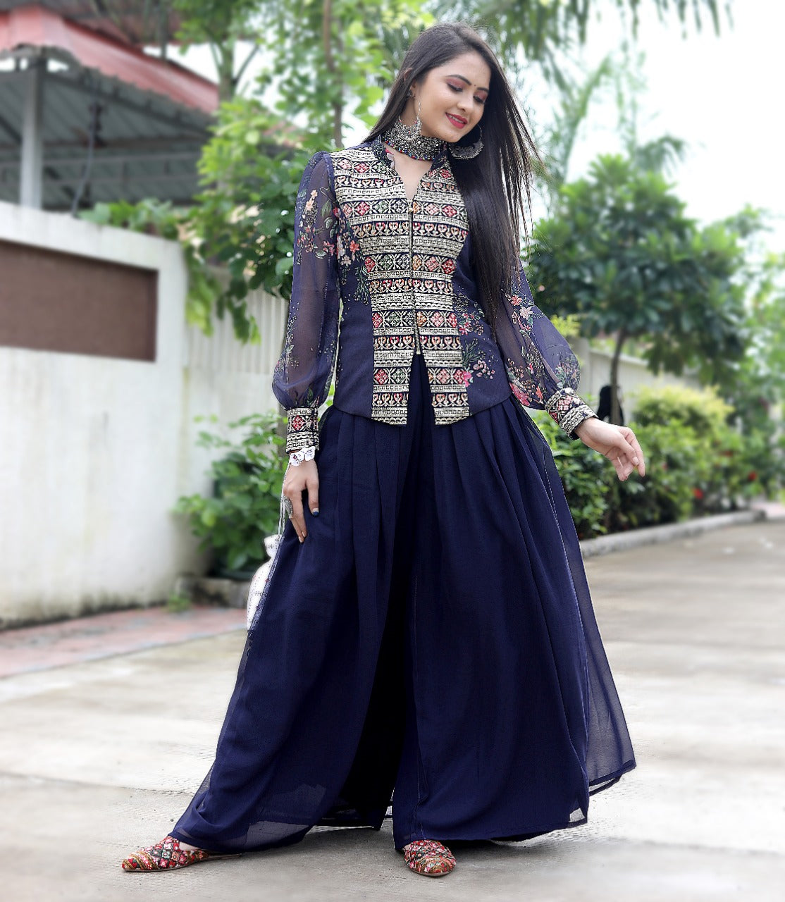 Outstanding Navy Blue Color Sharara Set