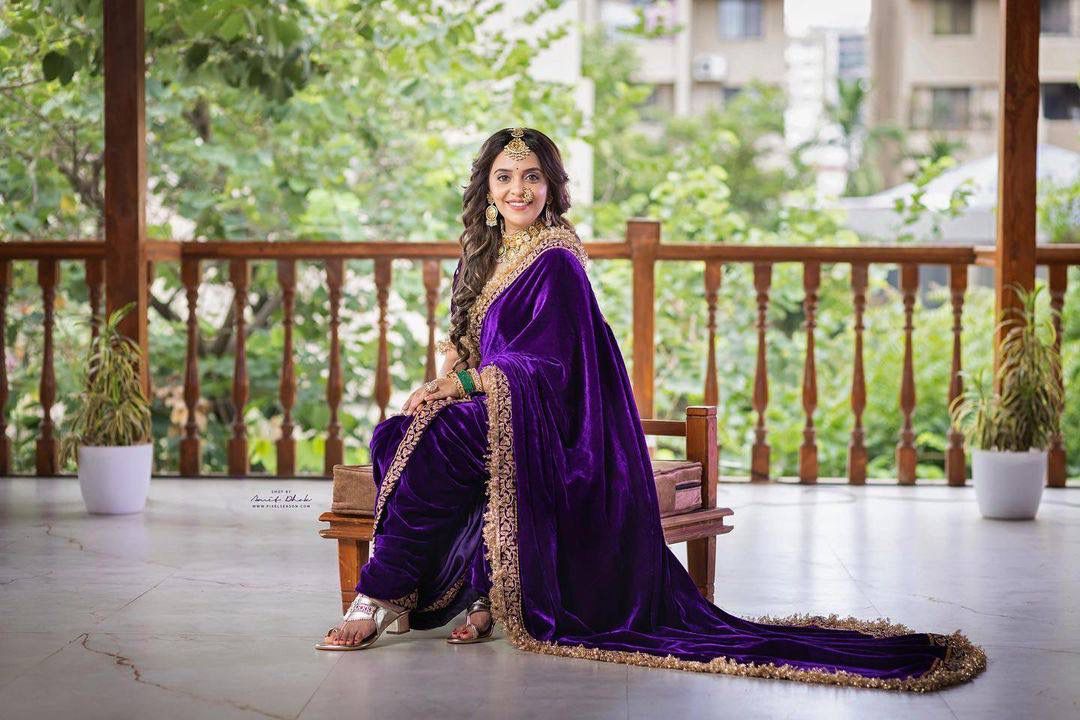 Dark Purple Color Fancy Embroidery Border Velvet Saree