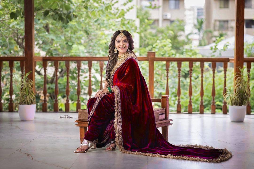 Maroon Color Fancy Embroidery Border Velvet Saree