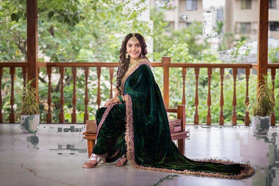 Dark Green Color Fancy Embroidery Border Velvet Saree