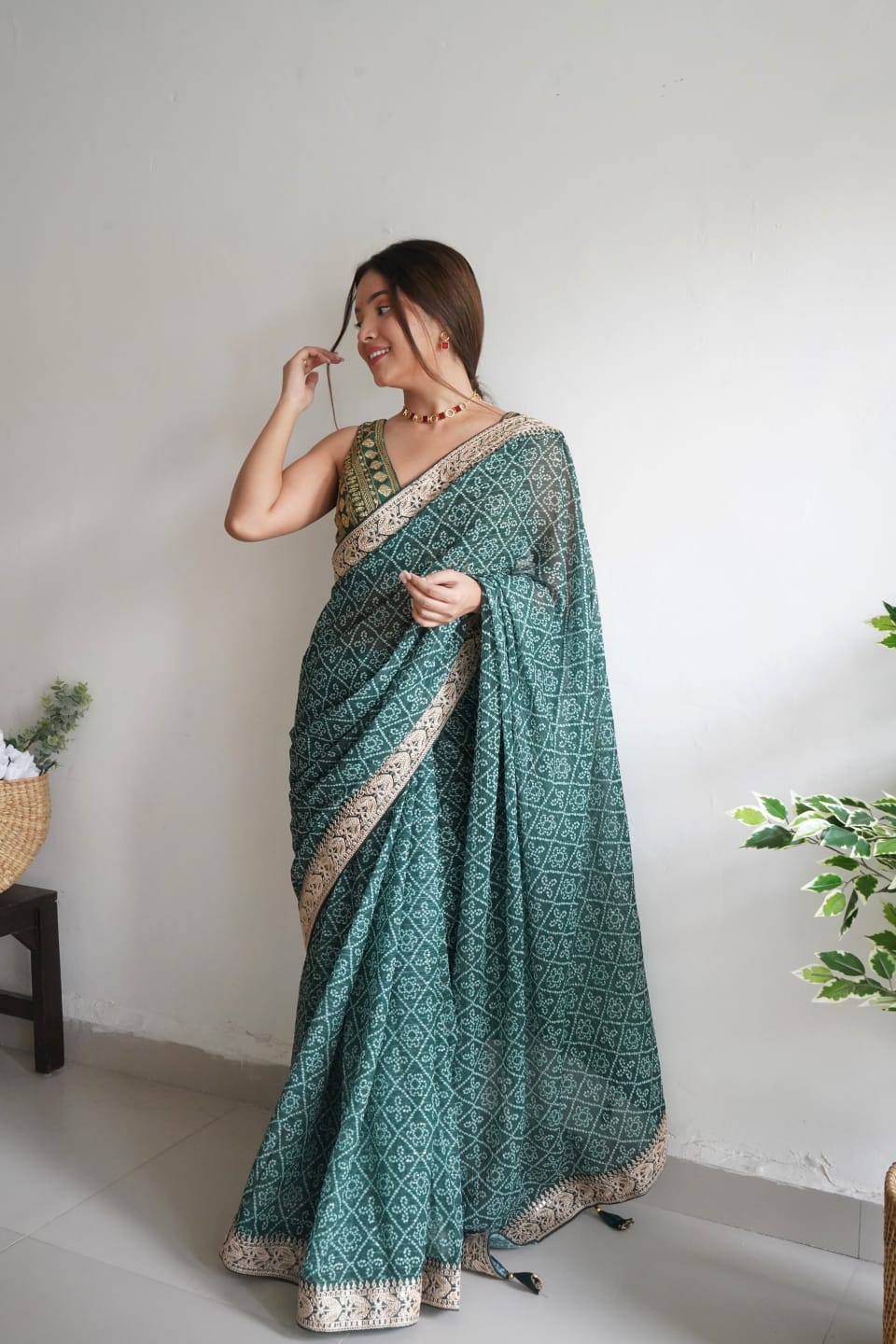 Bandhani Print Border Work Green Color Saree