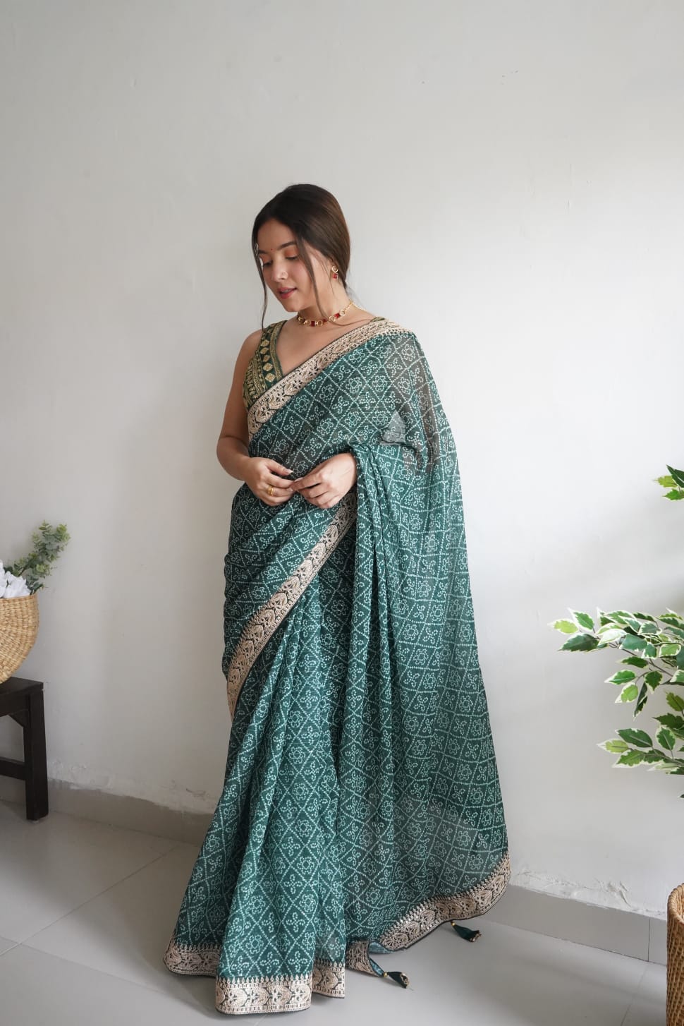 Bandhani Print Border Work Green Color Saree