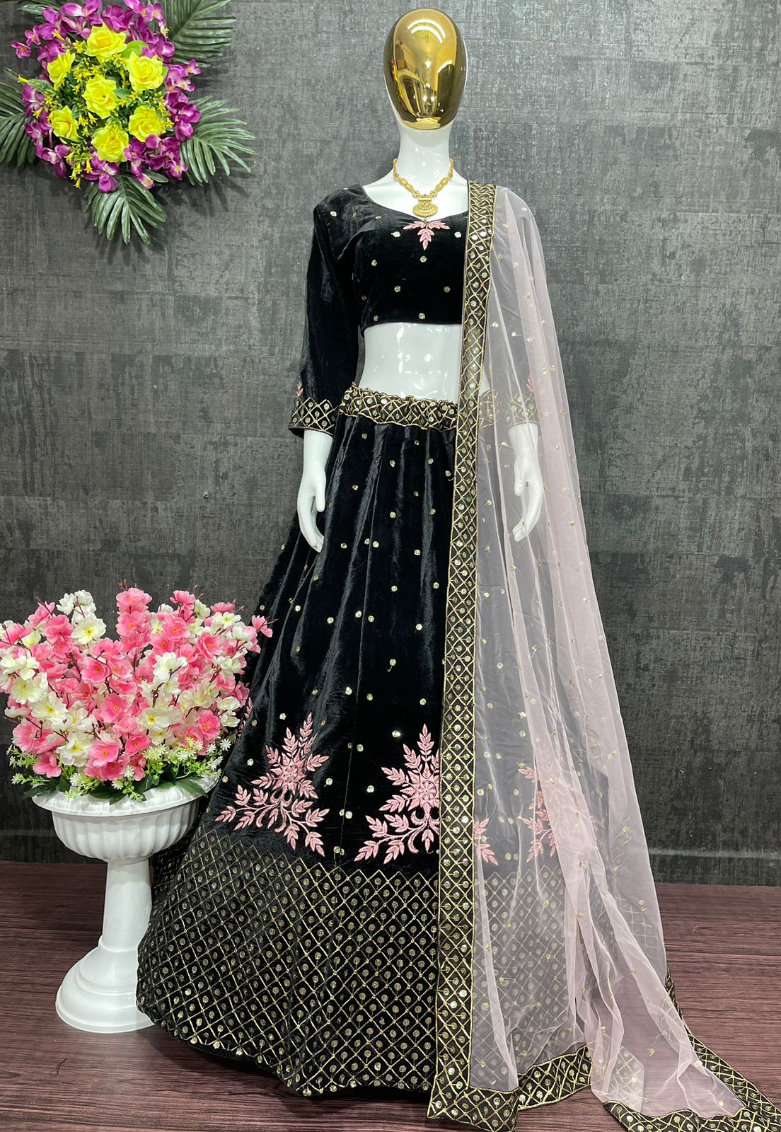 Elegant Chine Sequence Work Black Velvet Lehenga Choli