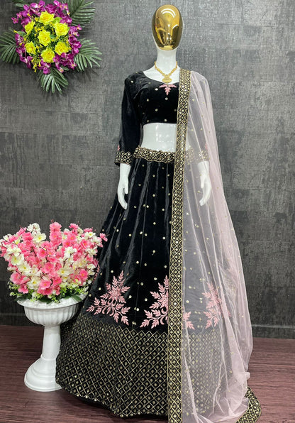 Elegant Chine Sequence Work Black Velvet Lehenga Choli