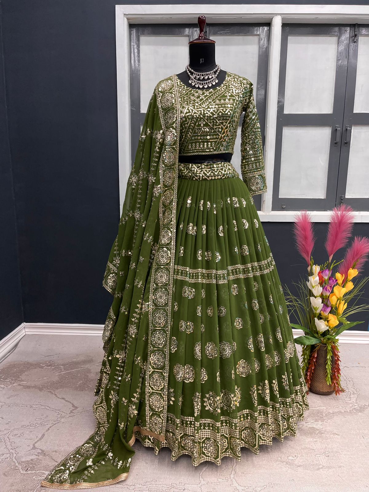 Amazing Mehendi Color Sequence Work Lehenga Choli