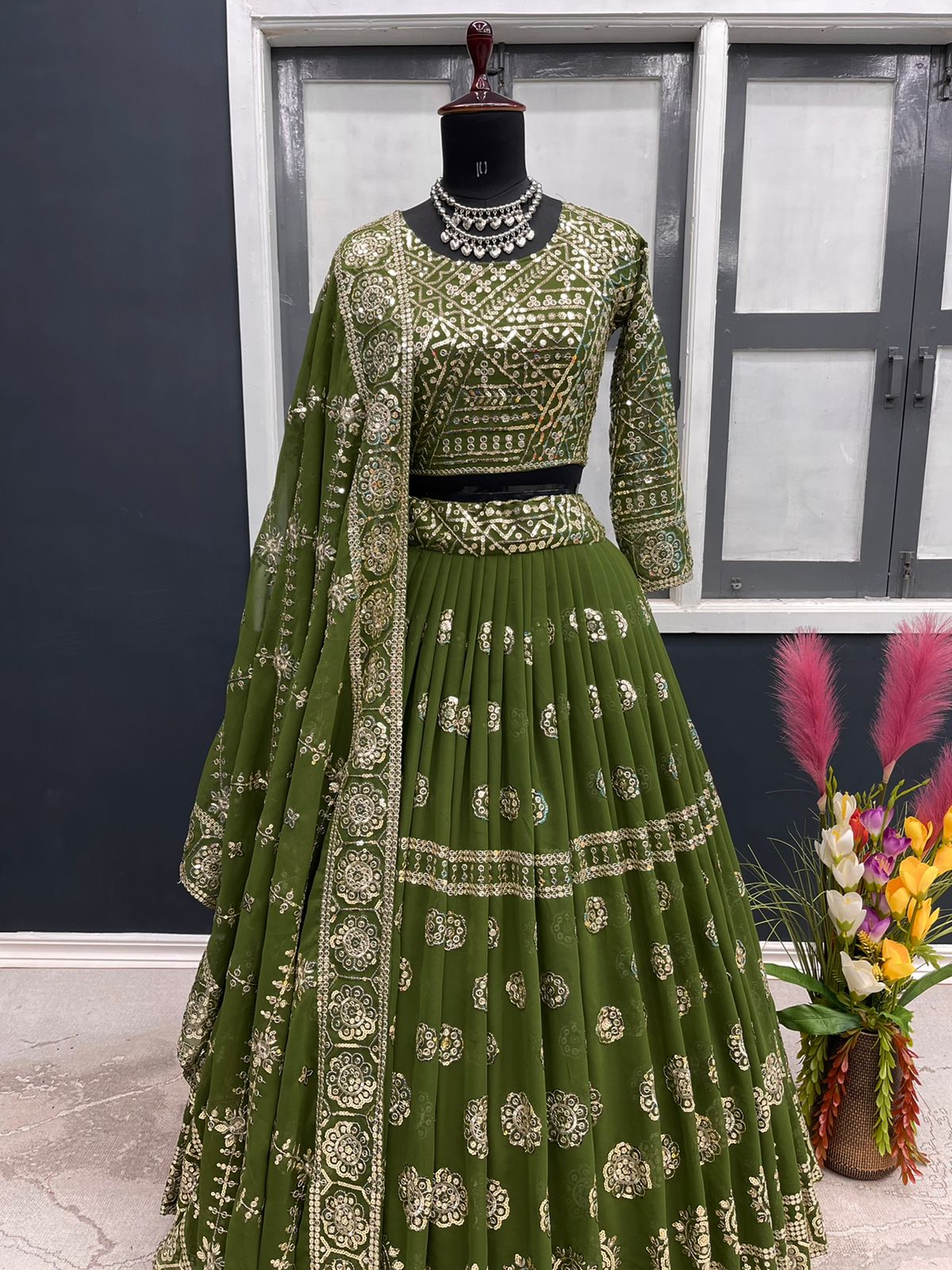 Amazing Mehendi Color Sequence Work Lehenga Choli