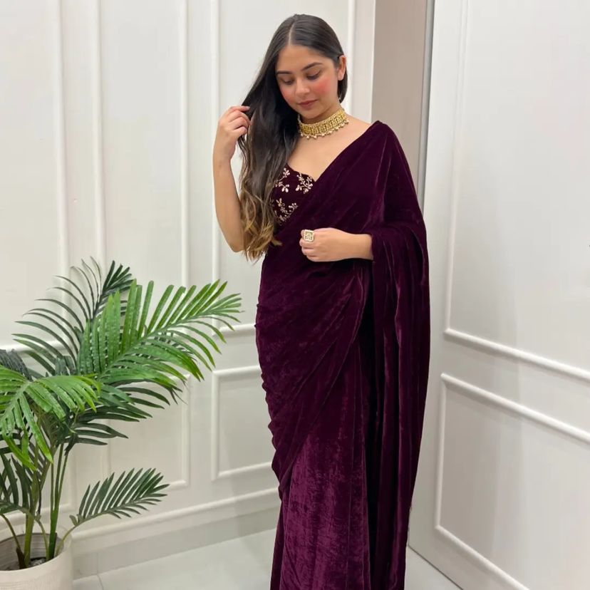 Outstanding Wine Color Velvet Saree