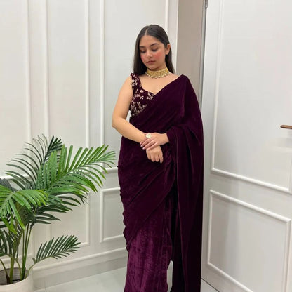 Outstanding Wine Color Velvet Saree