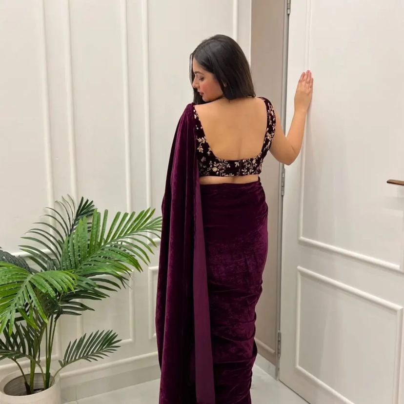 Outstanding Wine Color Velvet Saree