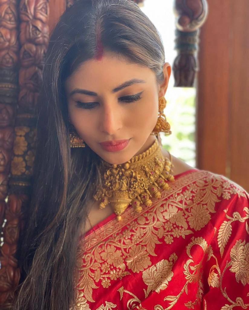 Mouni Roy Red Color Wedding Saree