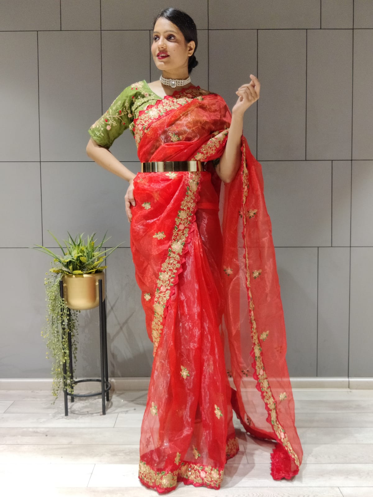 Red Color Multi Work Ready To Wear Organza Saree