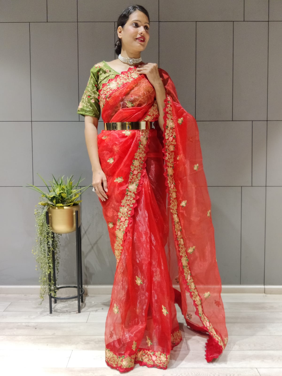 Red Color Multi Work Ready To Wear Organza Saree