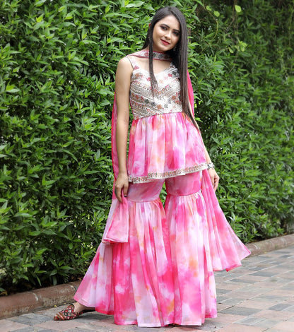 Adorable Embroidered Work Tie Dye Light Pink Sharara Suit