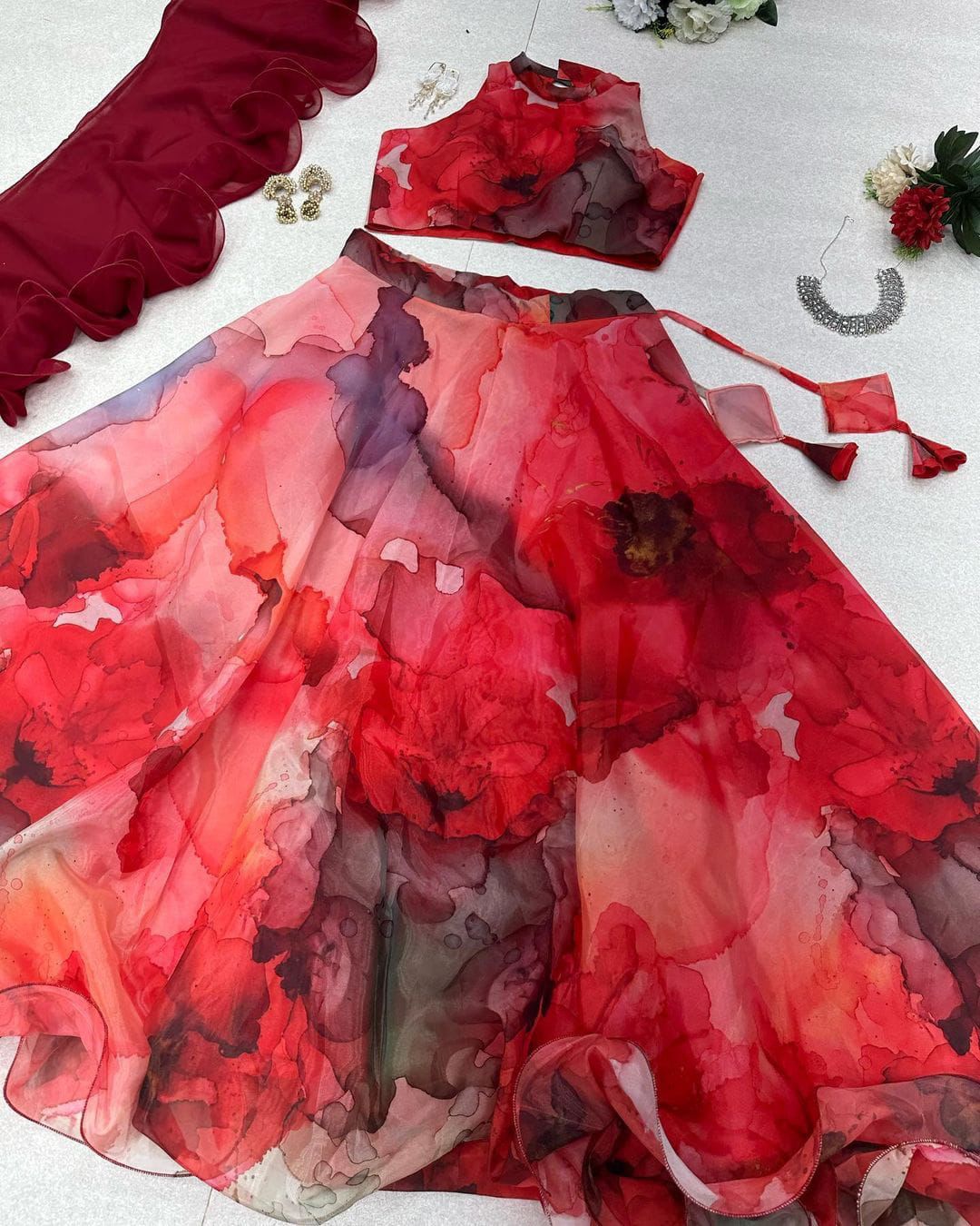 Amazing Organza Red Color Printed Lehenga Choli