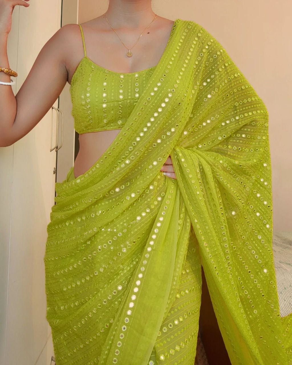 Delightful Sequence Work Parrot Green Color Saree