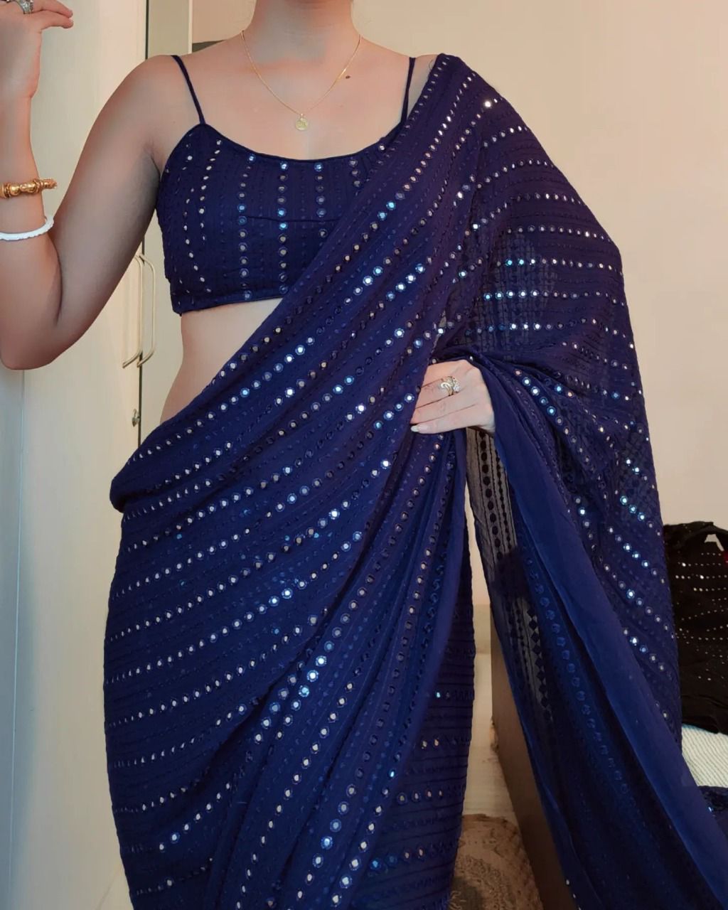 Delightful Sequence Work Navy Blue Color Saree