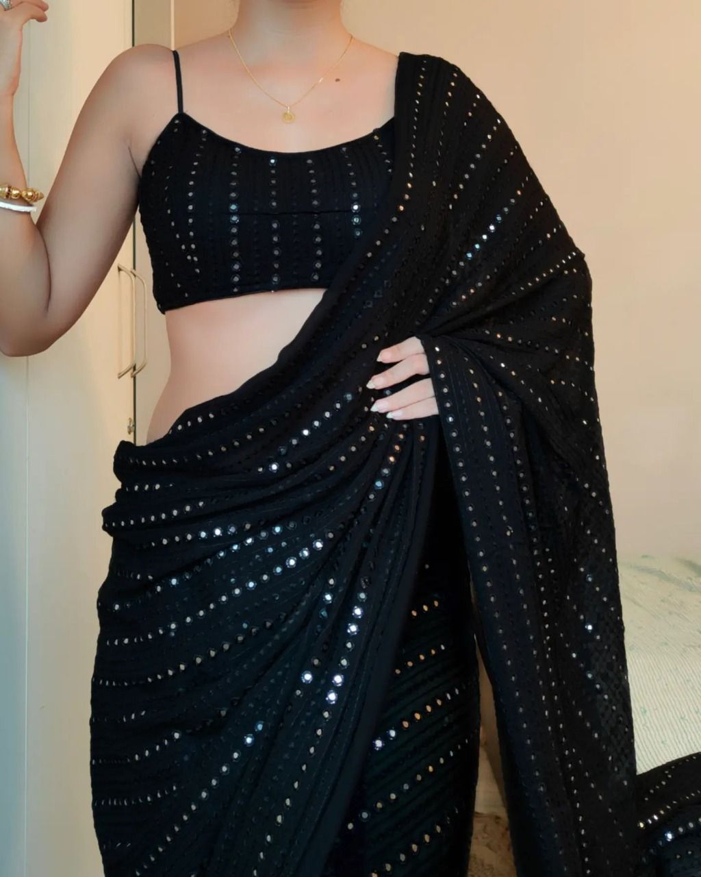 Delightful Sequence Work Black Color Saree