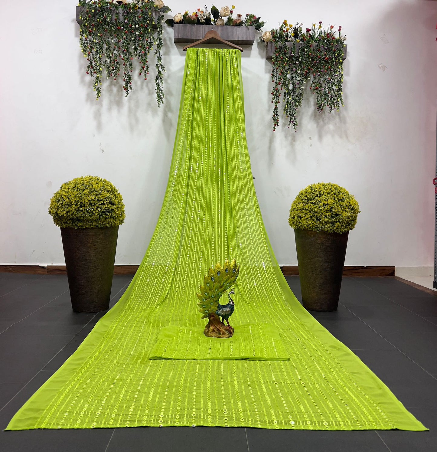 Delightful Sequence Work Parrot Green Color Saree