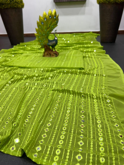 Delightful Sequence Work Parrot Green Color Saree