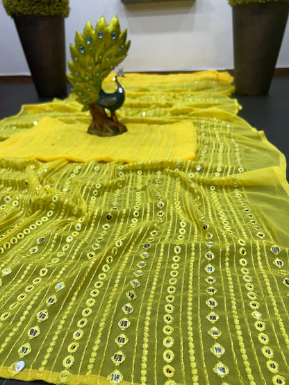 Delightful Sequence Work Yellow Color Saree