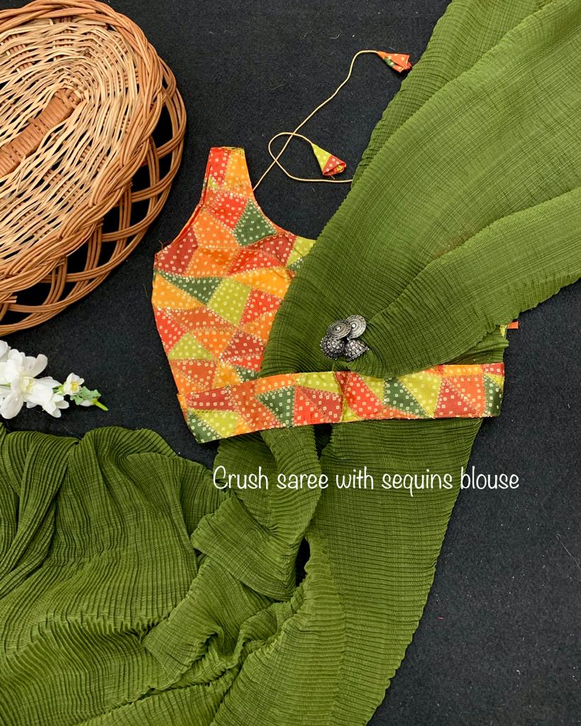 Pleated Parrot Green Color Saree With Fancy Belt Attached Blouse