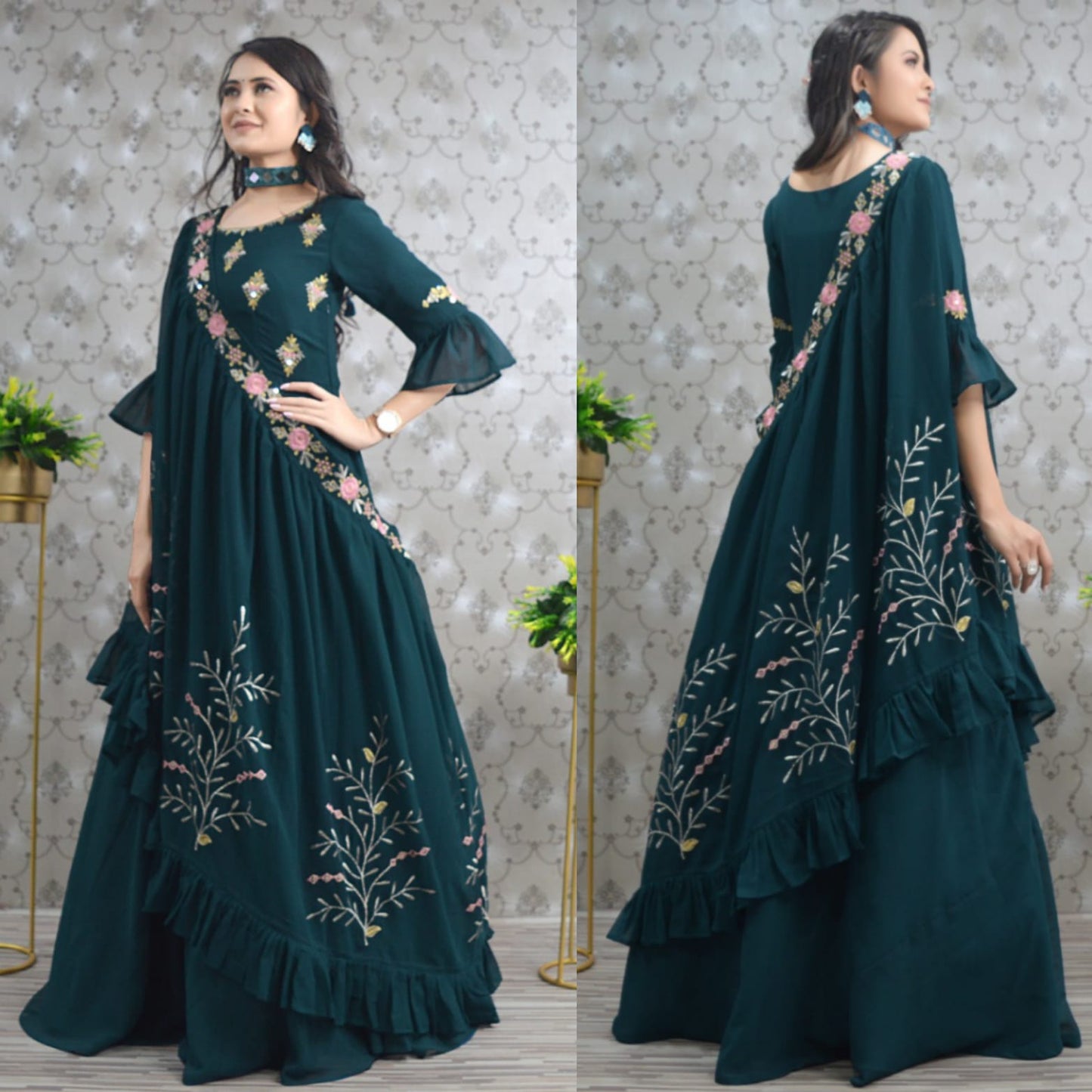 Different Way Wearing Teal Blue Color Shrug Dupatta With Gown