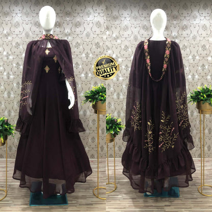 Different Way Wearing Brown Color Shrug Dupatta With Gown