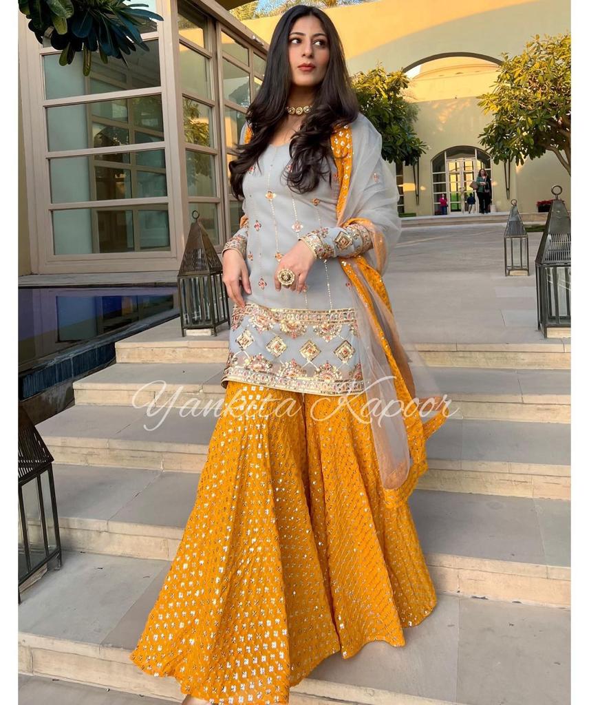 Grey With Mustard Color Party Wear Sharara Suit