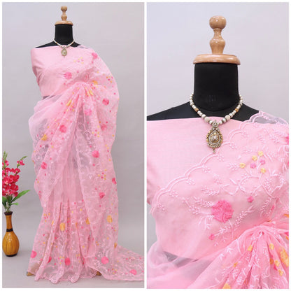 Pretty Light Pink Thread Embroidered Organza Saree