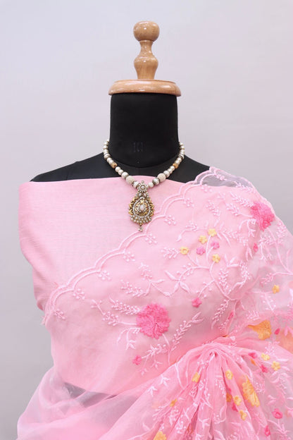 Pretty Light Pink Thread Embroidered Organza Saree