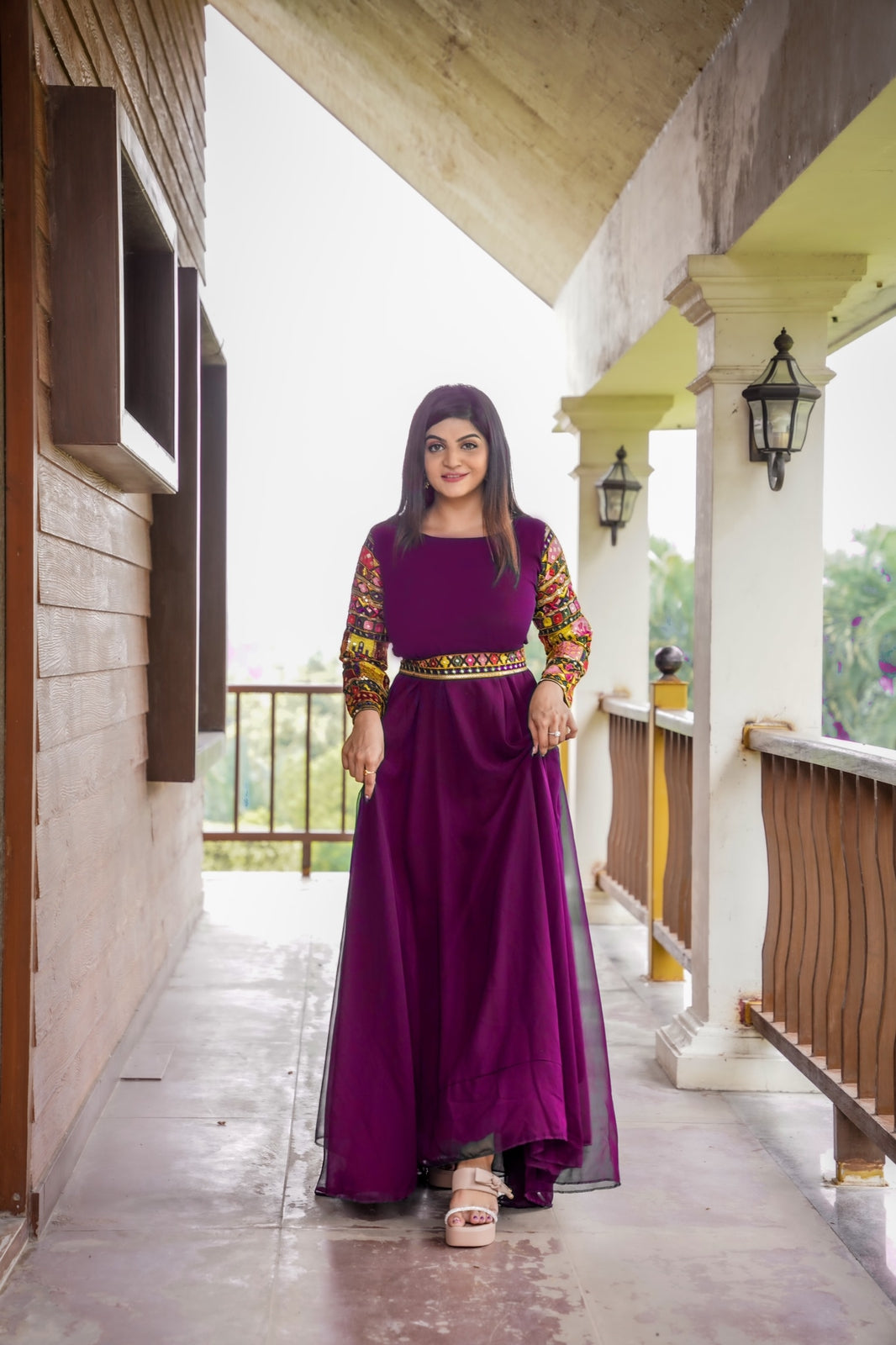 Beautiful Full Work Sleeve Wine Color Gown With Belt