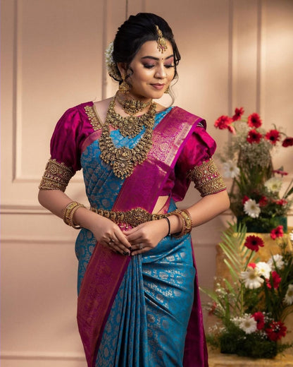 Ceremony Wear Sky Blue And Pink Designer Saree