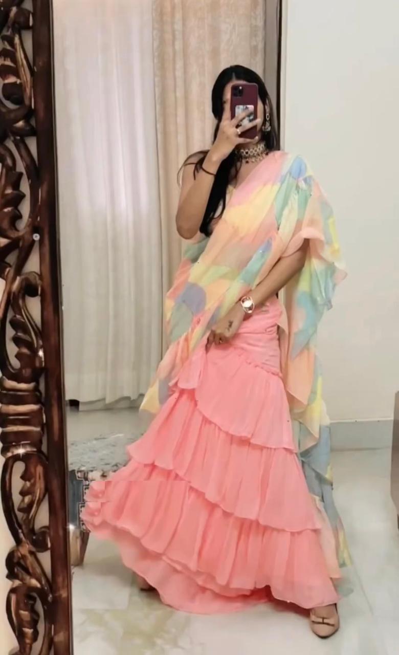 Ruffle Style Peach Color Printed Lehenga Saree