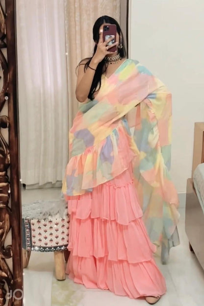 Ruffle Style Peach Color Printed Lehenga Saree