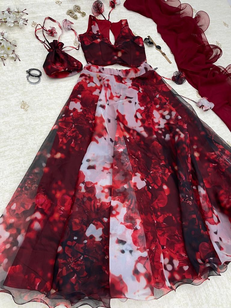 Maroon Color Digital Printed Organza Silk Lehenga