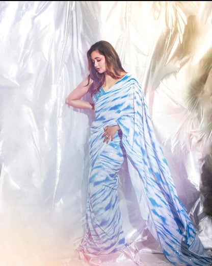 Beautiful Print Sequence Blue And White Saree