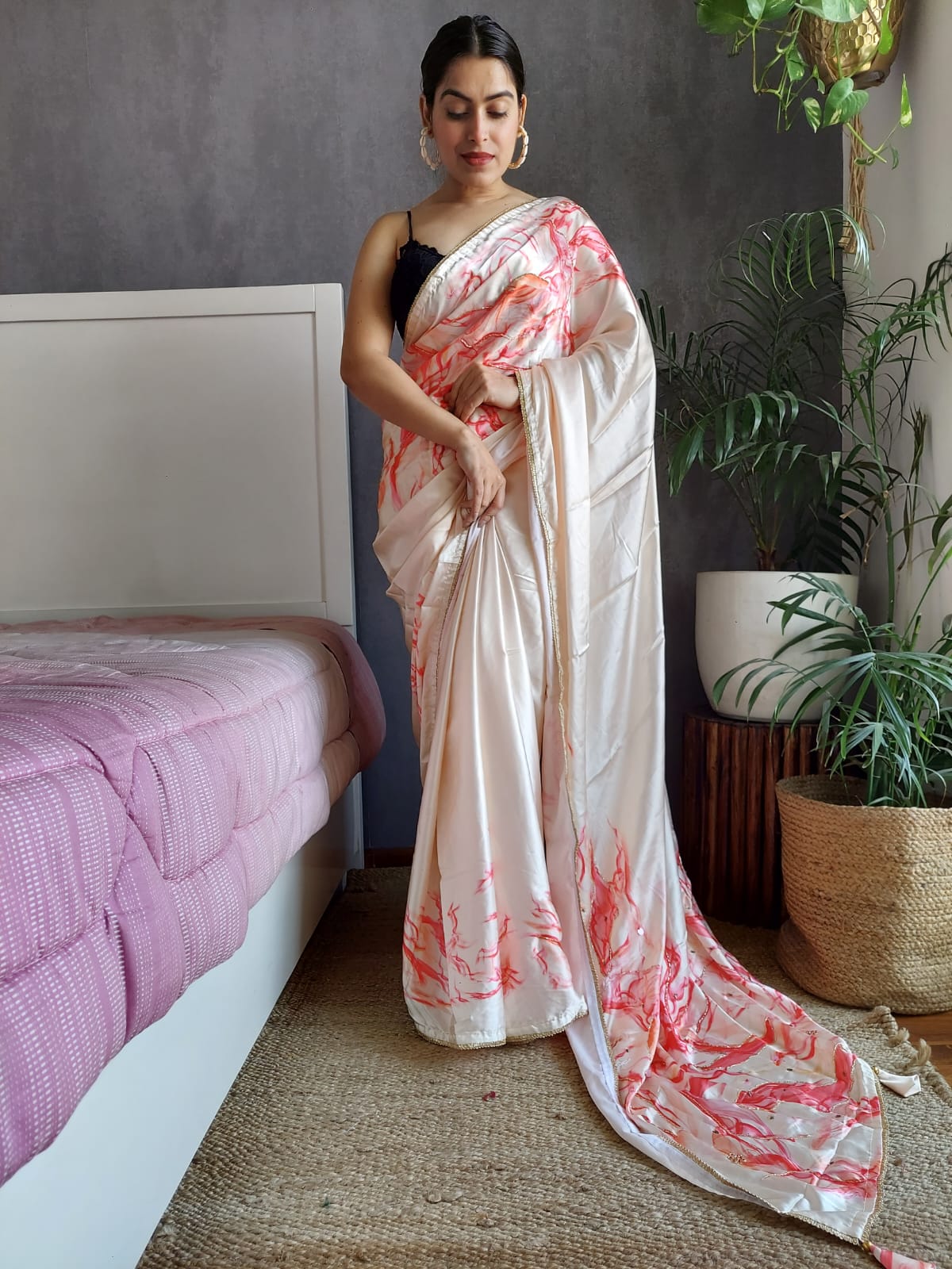 Trendy Off-white Color Hand Work And Printed Saree