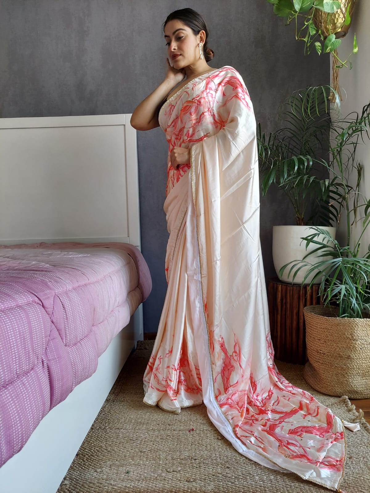 Trendy Off-white Color Hand Work And Printed Saree